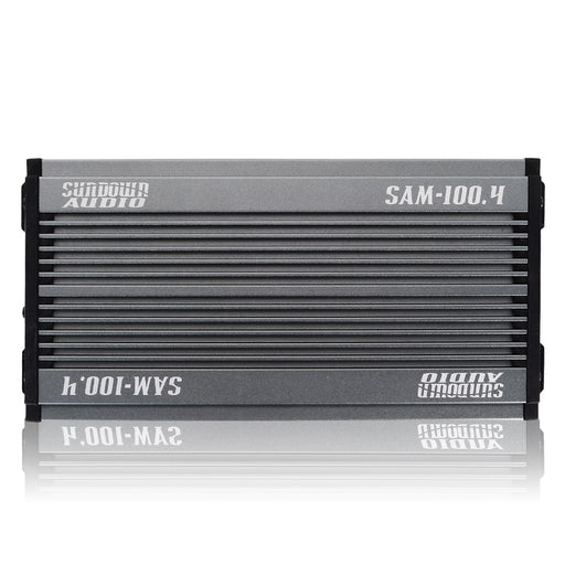 Sundown SAM-100.4 delivers 400W in a compact 4-channel Class D design. IP67 waterproof with built-in Bluetooth for marine, motorcycle, and powersports. Amplifier Front View