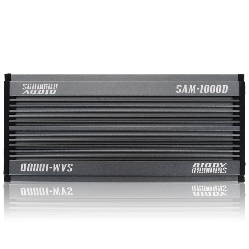 Sundown SAMv2 1000W Monoblock Amplifier, IP67 waterproof and 1-ohm stable. Compact, rugged, and built for powersports, marine, and motorcycle audio Amplifier Front View