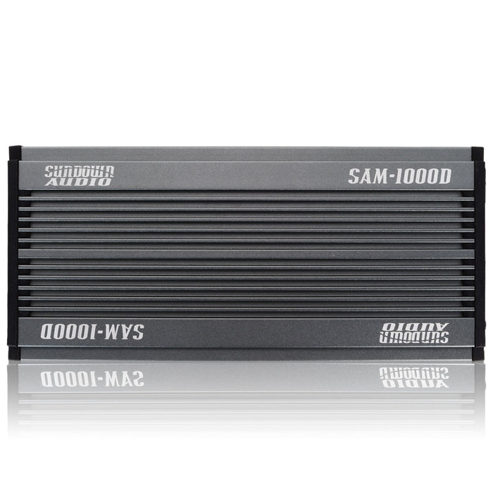 Sundown SAMv2 1000W Monoblock Amplifier, IP67 waterproof and 1-ohm stable. Compact, rugged, and built for powersports, marine, and motorcycle audio Amplifier Front View