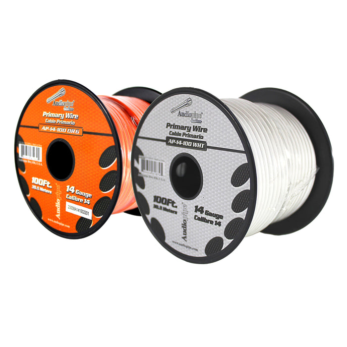 Audiopipe (2) 14ga 100ft CCA Primary Ground Power Remote Wire Spool Orange/White