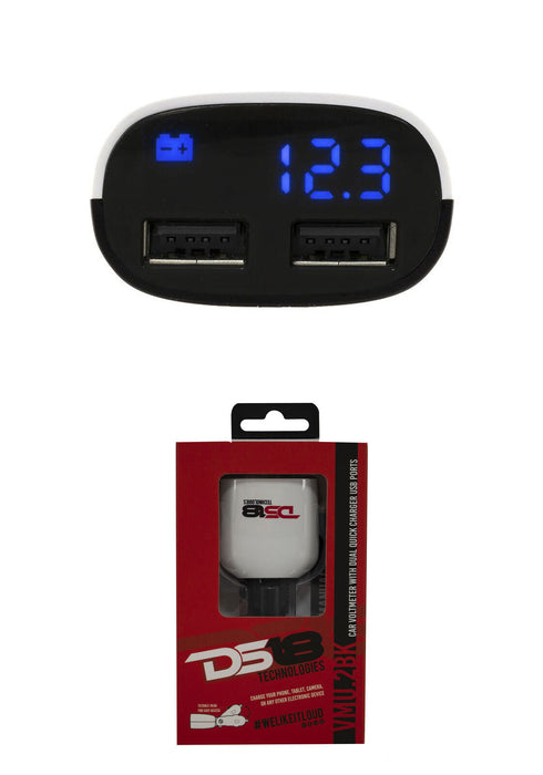 DS18 Car Audio 12 Volt meter With Dual Quick Charger USB Ports Black