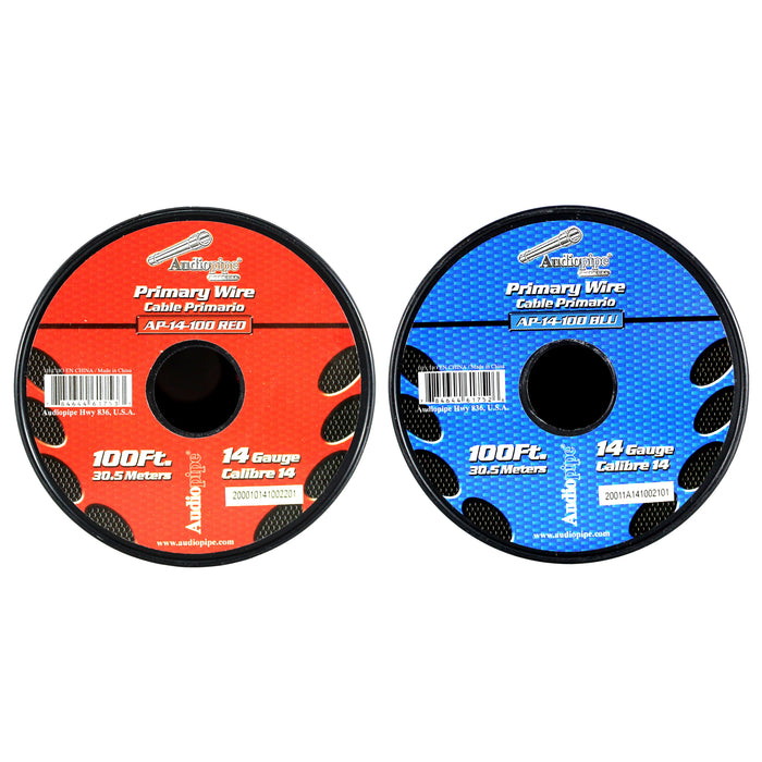 Audiopipe 2 Pack of 14ga 100ft CCA Primary Ground Power Remote Wire Red Blue