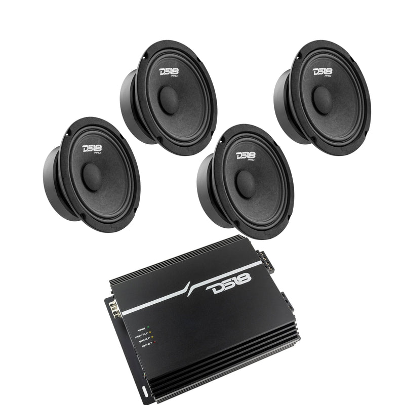 4x DS18 6.5" Mid Range Loudspeaker PRO-GM6 & EXL-P800X4 Power 4CH Amplifier