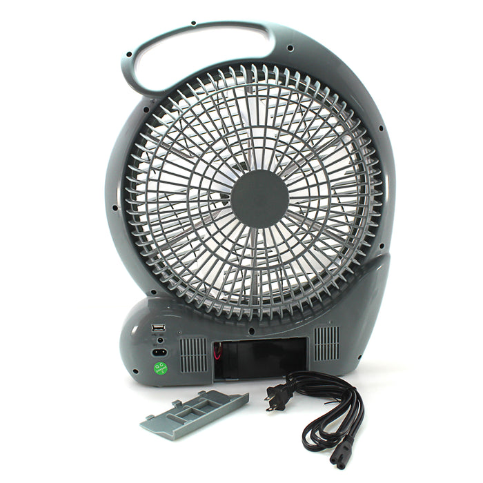 10" 2 Speed Rechargeable Cooling Fan AC/DC Radio USB 5V LED 110 -240 Volts