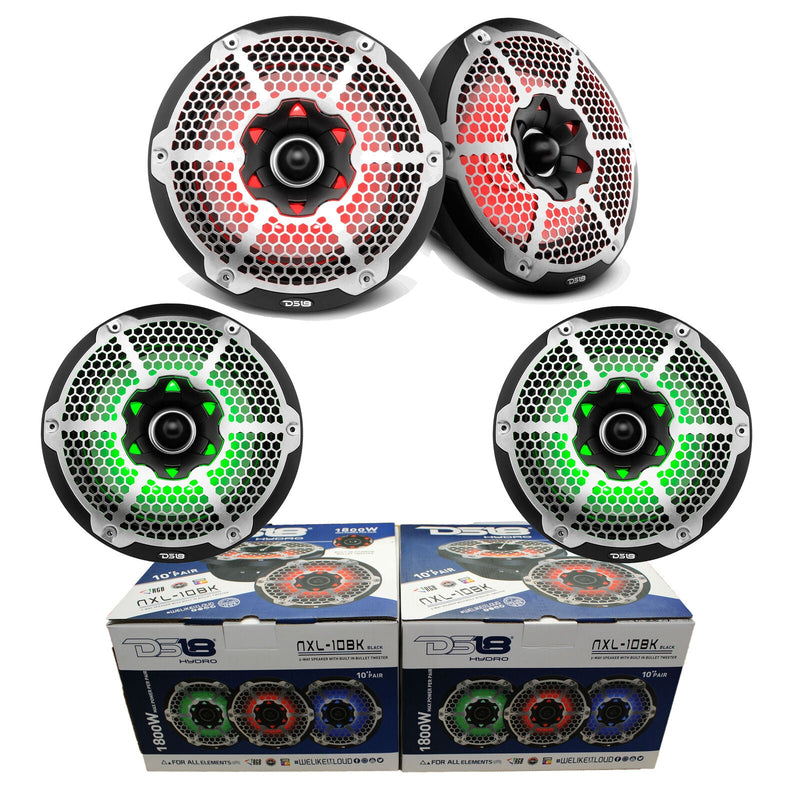 Pair of NXL-10 Black 10" 2Way Speakers 1800W + 1200W NXL400.4D Marine 4 Ch Amp