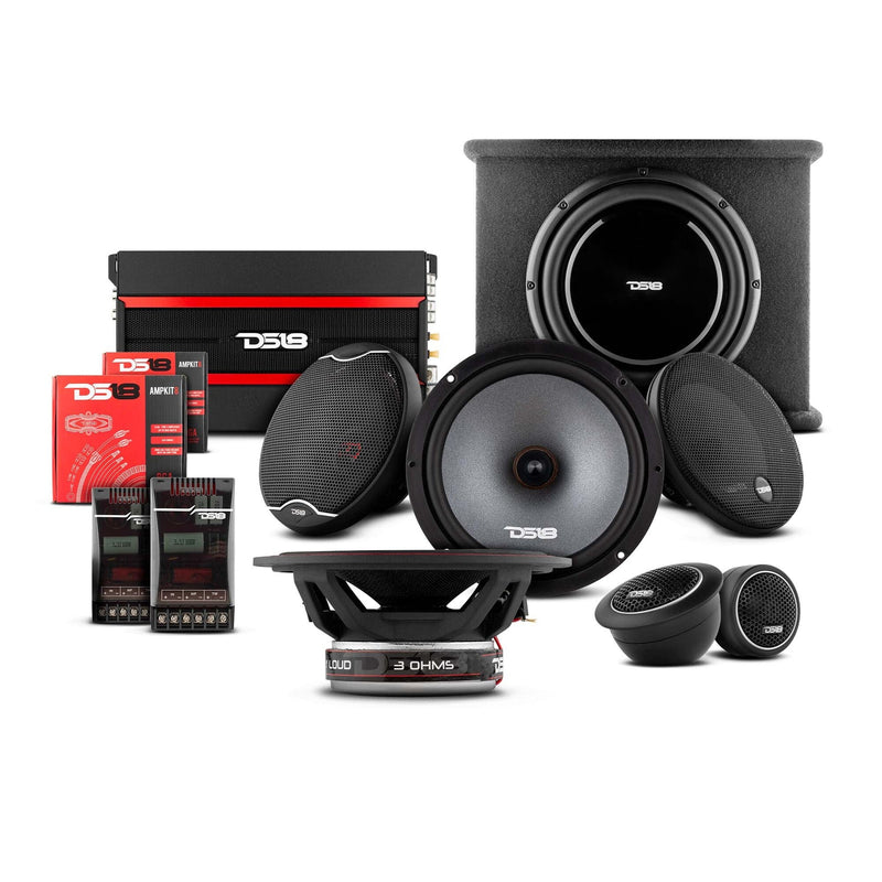 DS18 2x 6.5 & 6.9" Coaxial Speakers, 4 Ch Amp, Under Seat Sub, 2x 8AWG Amp Kits