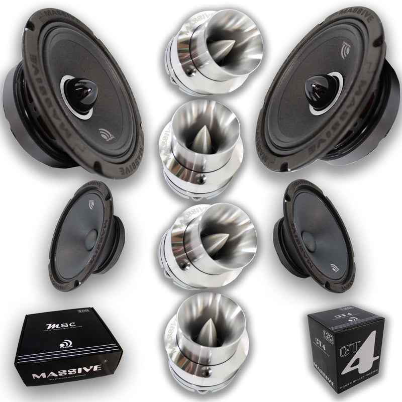 4x Massive Audio 8" Midrange Speakers+ 2x 1" CT4 240W 4Ohm Bullet Tweeters