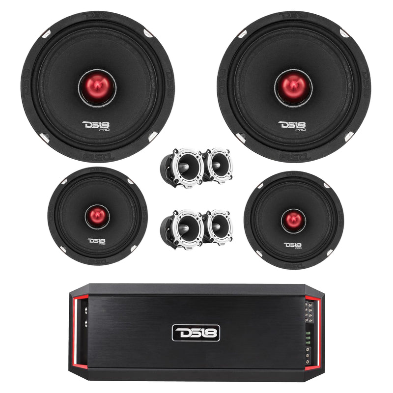 4600W 4x 8" Midrange Speakers + 4x Bullet Tweeters + 1600W 4Ch Amplifier DS18 Combo